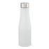 A drink bottle in white with a stainless steel lid and a sleek, modern design. It features a logo.