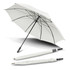 A white sport umbrella with a black handle, featuring a logo, and a compact design for easy storage.