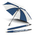 A blue and white umbrella with a sturdy handle and a logo, displayed opened and with its folded form beside it.