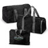 A black foldable duffle bag with grey straps and a logo. It displays three sizes of the bag.