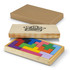 A wooden pentomino puzzle in vibrant colours, displayed in a rectangular box with a logo on the lid.