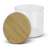 A large round storage canister features a transparent glass body and a bamboo lid.