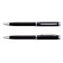 A black pen and pencil set with silver accents and a branding logo. The pen features a smooth finish, while the pencil has a textured grip.