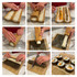 A bamboo sushi maker with rice and ingredients, demonstrating the steps to roll sushi and slice the finished rolls.