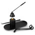 A black candle accessory set featuring a candle, holder, snuffer, wick trimmer, and tray, all in sleek design.