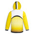 A custom reversible puffer jacket in yellow with a geometric design, featuring a hood and a logo.