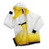 A custom reversible puffer jacket in white and yellow, featuring a hood and a sleek design.