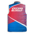 A custom puffer vest featuring red and blue colours with a modern design and a logo on the back.