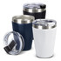 A drink bottle set featuring three vacuum tumblers in navy, black, and white, each with a clear lid and a logo.