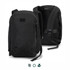 A black business computer backpack with padded straps and a logo, featuring a sleek, minimalist design.
