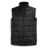 A black puffer vest with a high collar and zip front, featuring a logo on the chest.