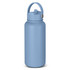 A drink bottle in a matte blue finish with a handle and a silver accent, featuring a branding logo.