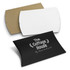 Three pillow boxes in black, white, and brown. The black box features a logo or branding.