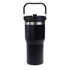 A drink bottle in black with a silver accent and a handle, designed as a tumbler. It has a lid and a logo.