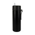 A drink bottle in a sleek black finish with a silver lid and a carrying strap. It features a logo.