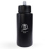 A drink bottle in black, featuring a screw-top lid and a logo on the front. Designed for easy hydration.