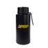 A drink bottle in matte black with a logo on the front, featuring a secure cap and carry loop.