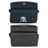 A navy blue and grey cooler bag with a top zipper, featuring a front pocket and a logo.