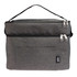 A grey cooler bag with dual zippered compartments and a front pocket, featuring a logo.