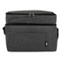 A grey cooler bag with a zippered top compartment and a front pocket, featuring a logo.