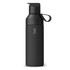 A drink bottle in matte black with a spout lid and a logo, featuring a sleek, modern design.