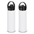 A drink bottle in matte white with a black lid and handle, featuring a logo on the side.