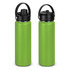 A drink bottle in vibrant green with a black lid and handle, featuring a logo.