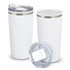 A white double wall travel mug with a clear lid and stainless steel band. Two mugs are displayed.