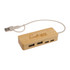 A bamboo USB hub with multiple ports and a connected USB cable. It features a branded logo.