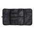 A black toiletry bag organizer with multiple compartments and mesh pockets for storage. It has a zippered closure.