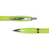 A metal pen in a vibrant lime green color with chrome accents. The pen features a sleek design and a smooth writing tip.