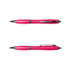 A pink metal pen with a sleek design and silver accents, featuring a clip and a retractable tip.