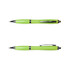 A green metal pen with a sleek design, featuring chrome accents and a clip for easy attachment.