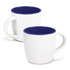 A two-toned mocha coffee mug featuring a white exterior and a navy blue interior, with a simple handle and a logo.