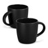 A black two-tone coffee mug set with a smooth finish and ergonomic handles, featuring a logo.
