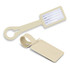 A beige silicone luggage tag featuring a blank information card and a circular attachment loop.