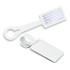 A white silicone luggage tag featuring a blank label for personal details and a loop for attachment.