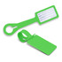 A bright green silicone luggage tag featuring a blank information panel and a loop for attachment.