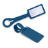 A blue silicone luggage tag features a contact information area and a loop for attachment. It includes a logo.