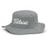 A grey bucket hat with a wide brim and a logo. Ideal for sun protection and casual wear.