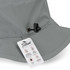 A grey bucket hat featuring a branded tag and an adjustable toggle on the brim.