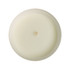 A large glass candle with a smooth white surface and a central wick.