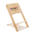 A bamboo phone stand with a white base, featuring a logo on the front.