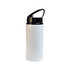 A drink bottle with a black flip straw lid and a sleek white body. It features a handle for easy carrying.