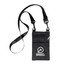 A black neck pouch with a logo, featuring a strap and zipper pocket. Ideal for carrying small items.