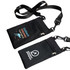 A black neck pouch with a strap, featuring two zippered compartments and logos on the front.