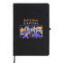 A black A5 notebook featuring a graphic of a bear and a bull with a logo. It has an elastic band closure.