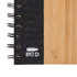 A black and bamboo spiral A5 notebook featuring a textured cover and a logo.