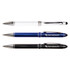 A set of three Columbia Aluminium Pens in white, blue, and black, featuring a logo on the blue and black pens.