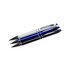 Three metal pens in white, blue, and black, featuring silver accents and a branding logo.
